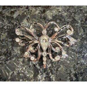 Silver Butterfly Brooch Pin With Crystal Rhinestones & Teardrop Centerpiece